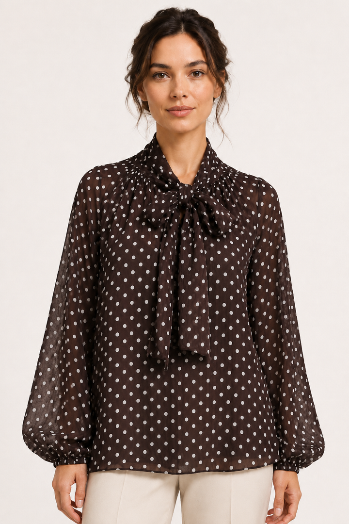 Modieuze dameskleding bruine blouse met stippen en lange mouwen