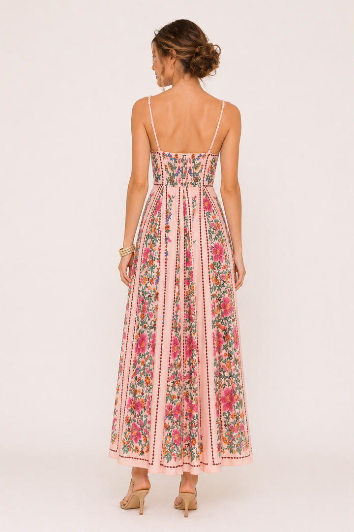Comfortabele midi feestjurk voor dames met mouwloze pasvorm en levendige bloemenprint. Ideaal als zomerjurk.