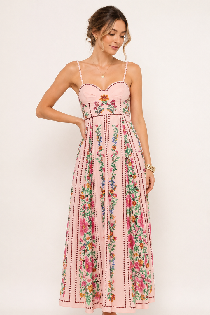 Stijlvolle dames midi jurk met bloemenprint en delicate spaghettibandjes voor een elegante zomerlook.