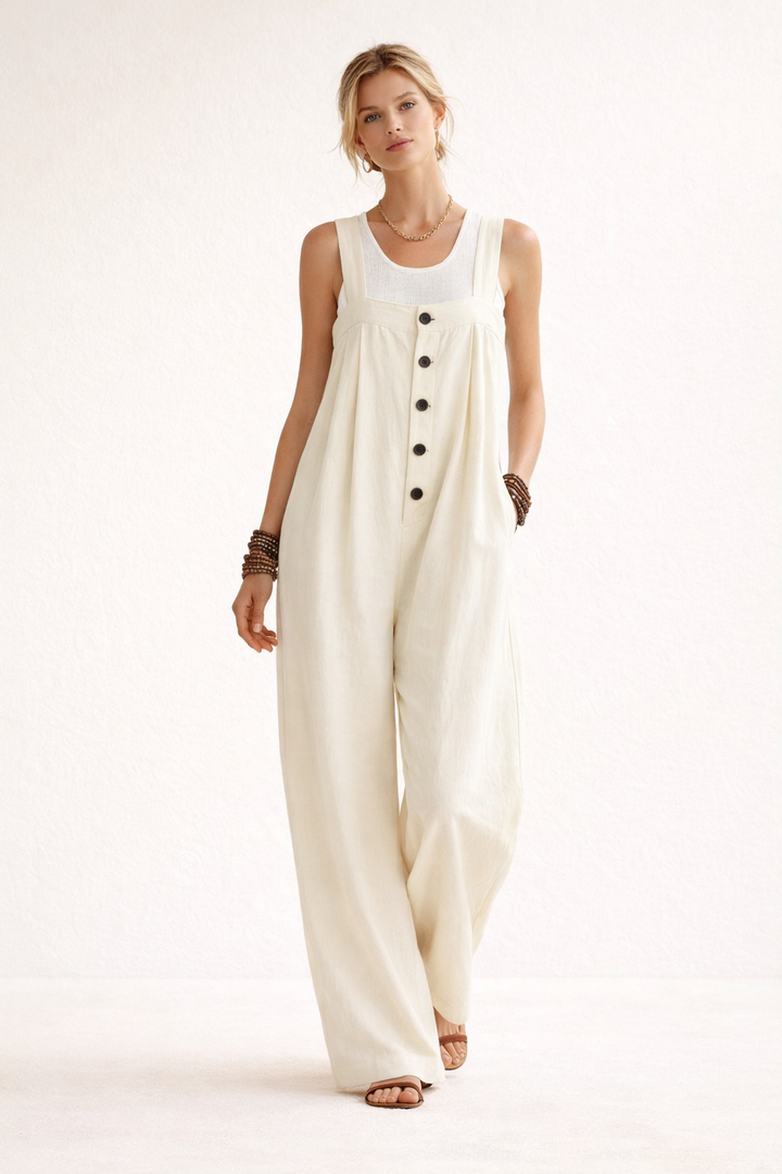 Elegante damensjumpsuit met wijde pijpen en knoopdetails, ideaal voor lente en zomer.