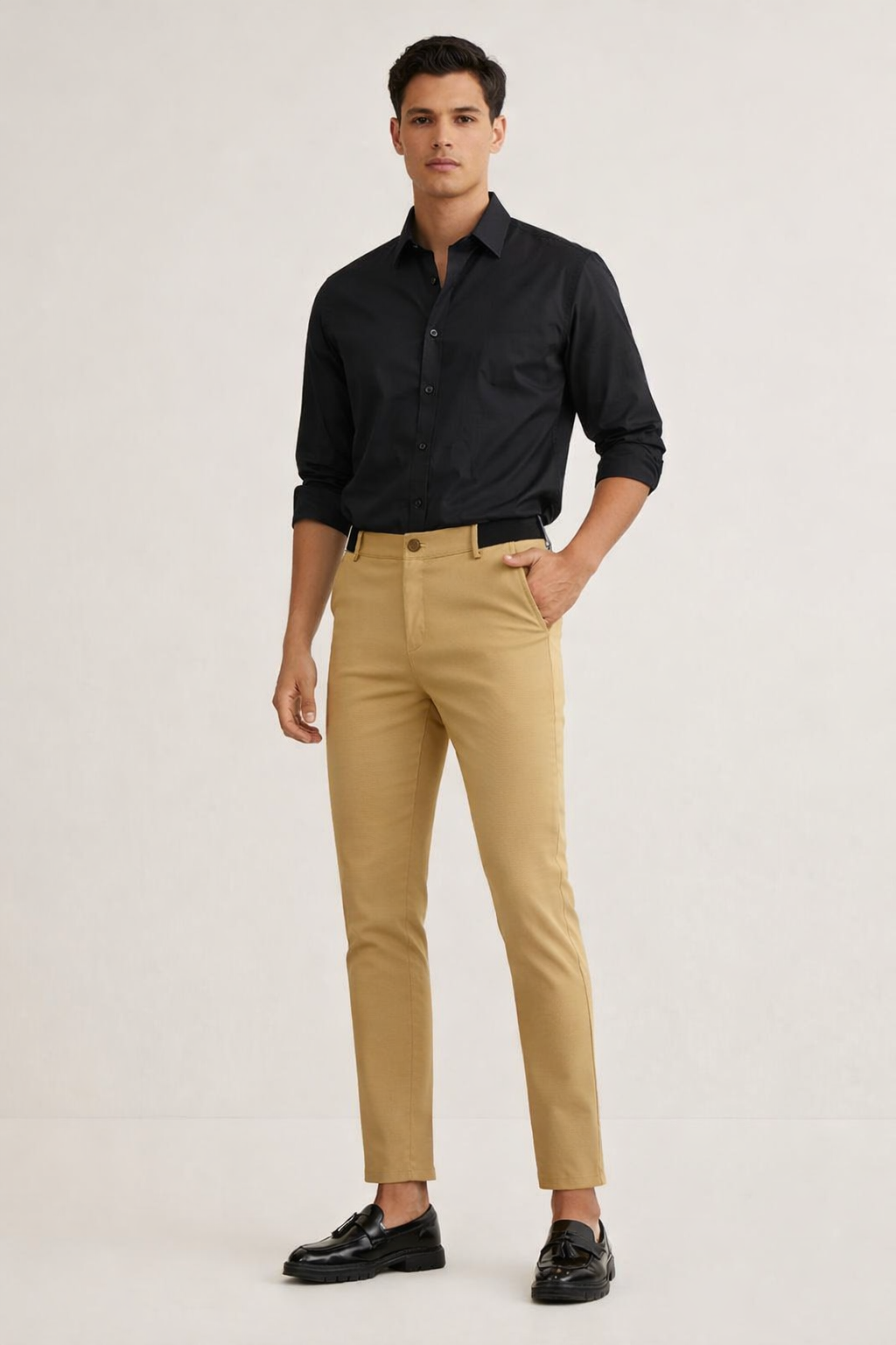 Model draagt khaki slim fit heren chino broek met zwart overhemd