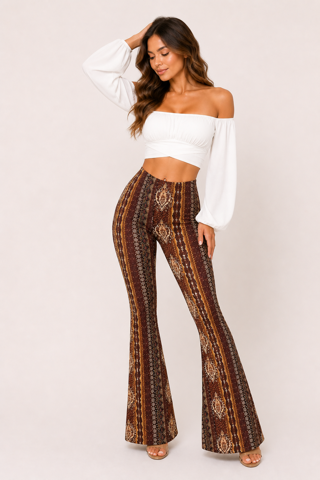 Trendy damesbroek met verticale print, hoge taille voor een slank silhouet en comfortabele wijde pijpen.