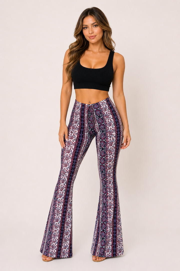 Chique Klara damespantalon met verticale strepen, hoge taille en wijde pijpen, perfect voor zomerse dagen.
