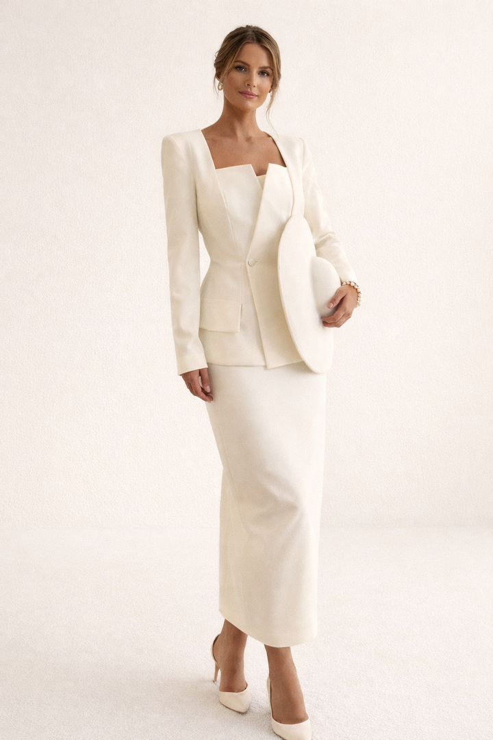Vrouwenmodel in een stijlvolle witte blazer en getailleerde maxi rok, voor een chique uitstraling