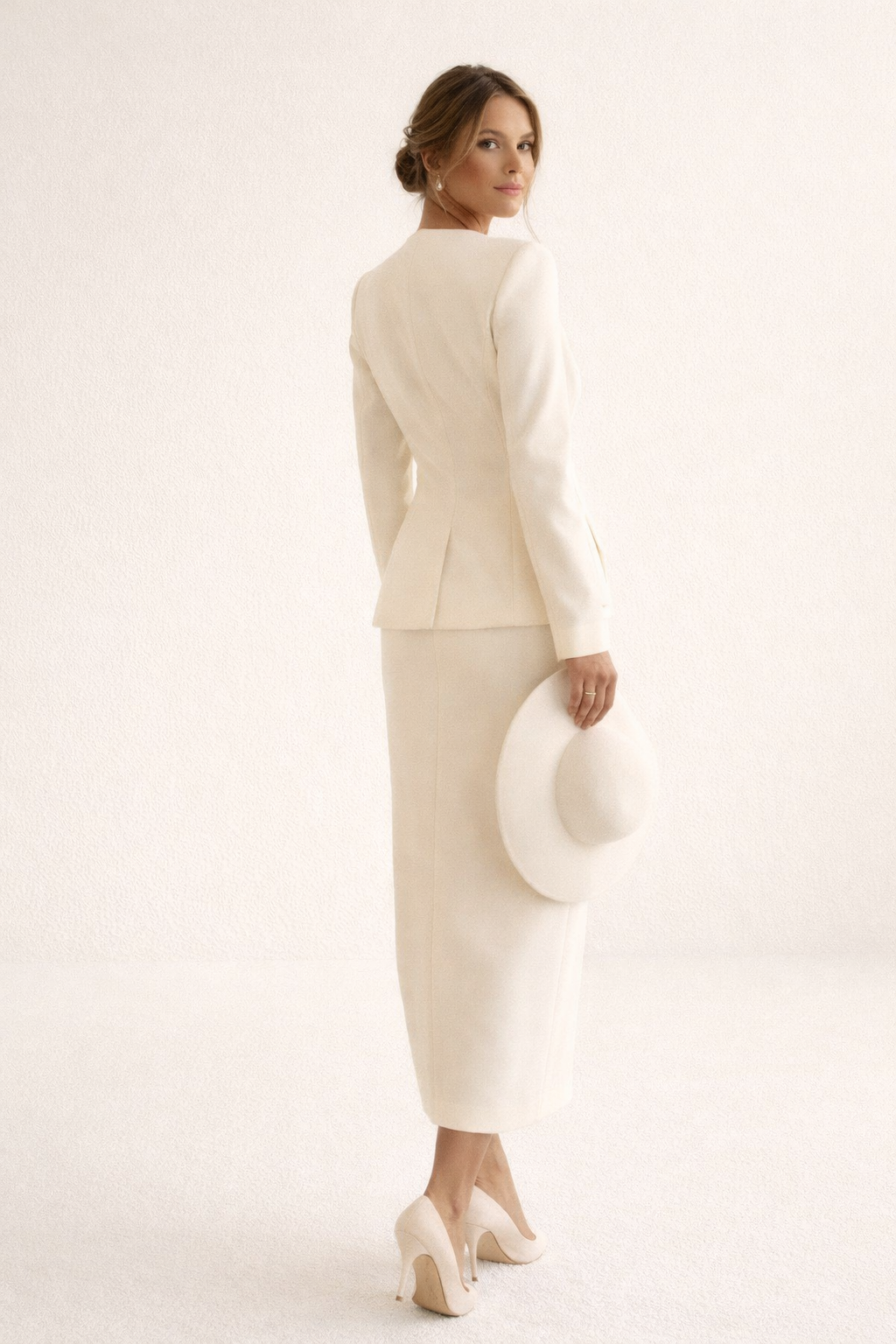 Vrouwenmodel toont de vloeiende drapering van de maxi rok in combinatie met de blazer