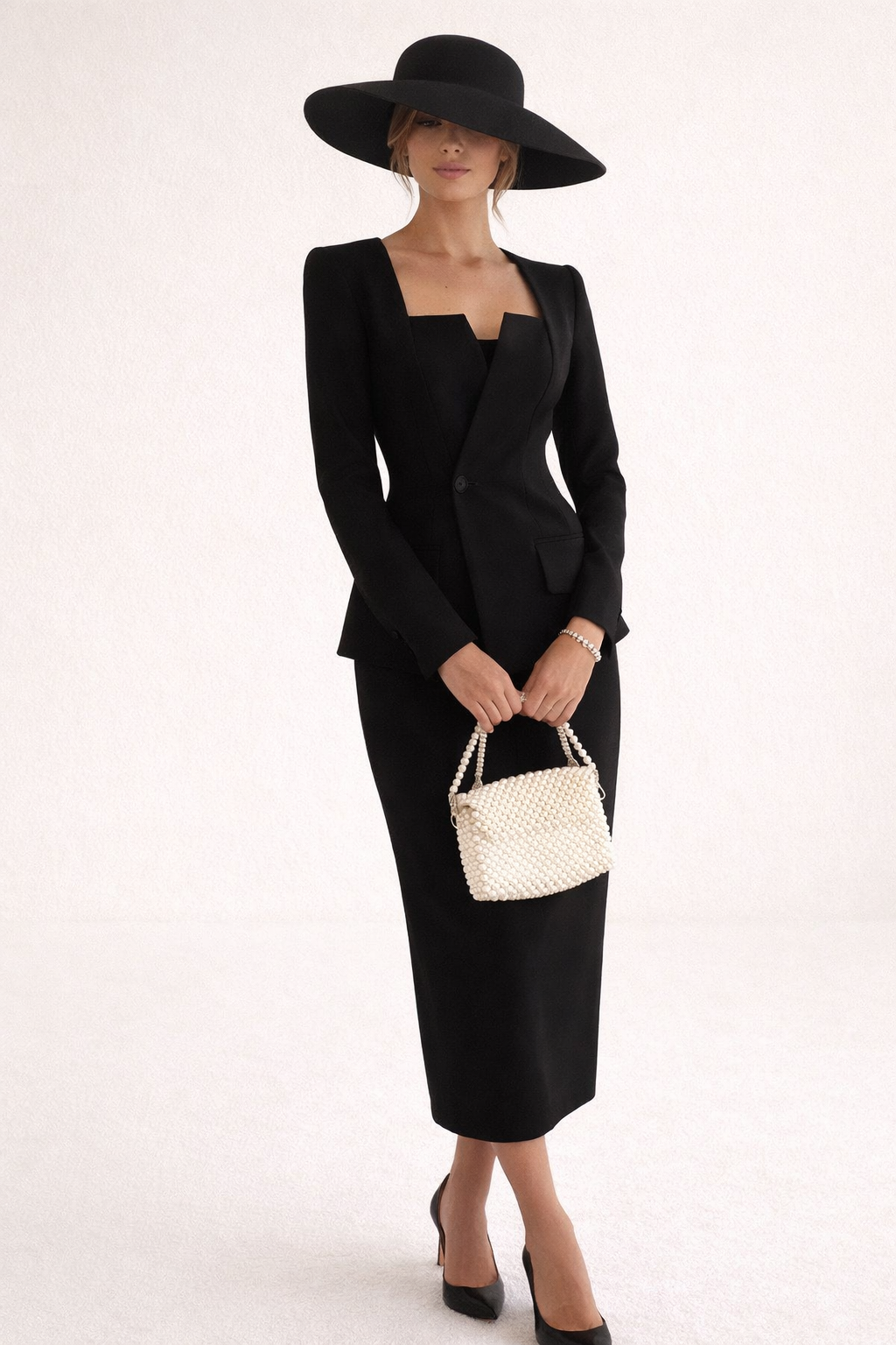 Vrouwenmodel in een elegante zwarte blazer en getailleerde maxi rok, met een brede hoed en parel tasje