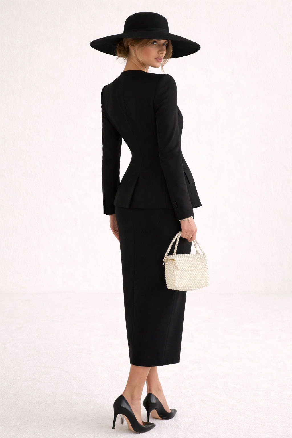 Achteraanzicht van een elegant geklede vrouw in zwarte blazer en maxi rok, met hoed