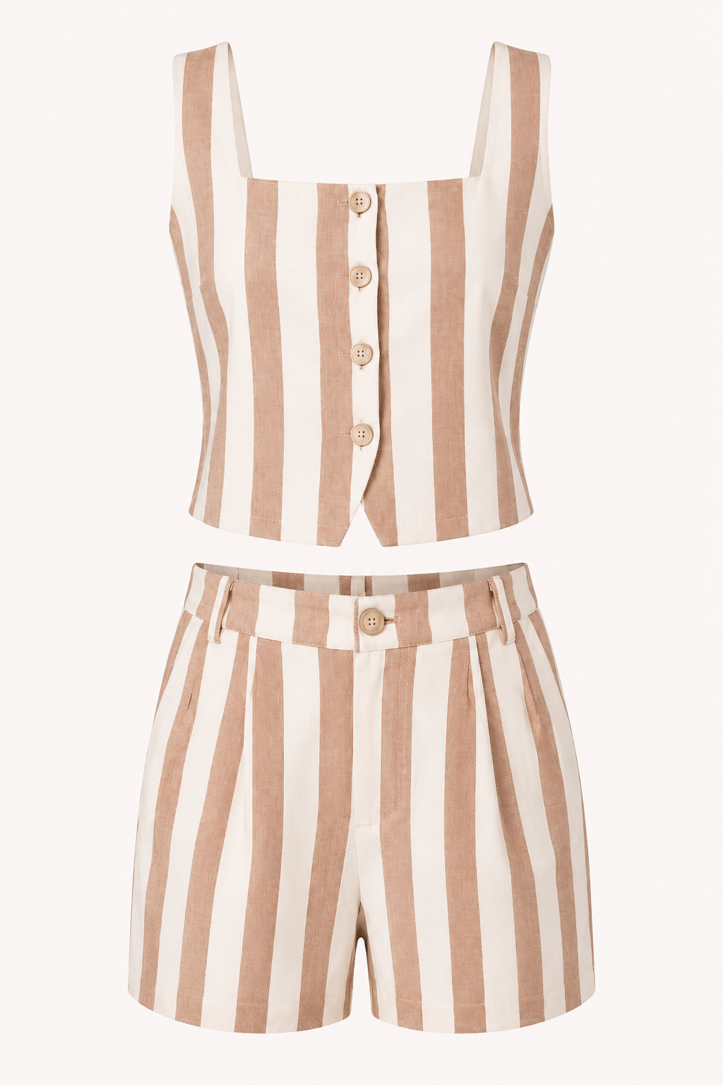 Vakantieklare gestreepte damesset: een stijlvol gilet gecombineerd met hoge beige shorts voor de zomer.