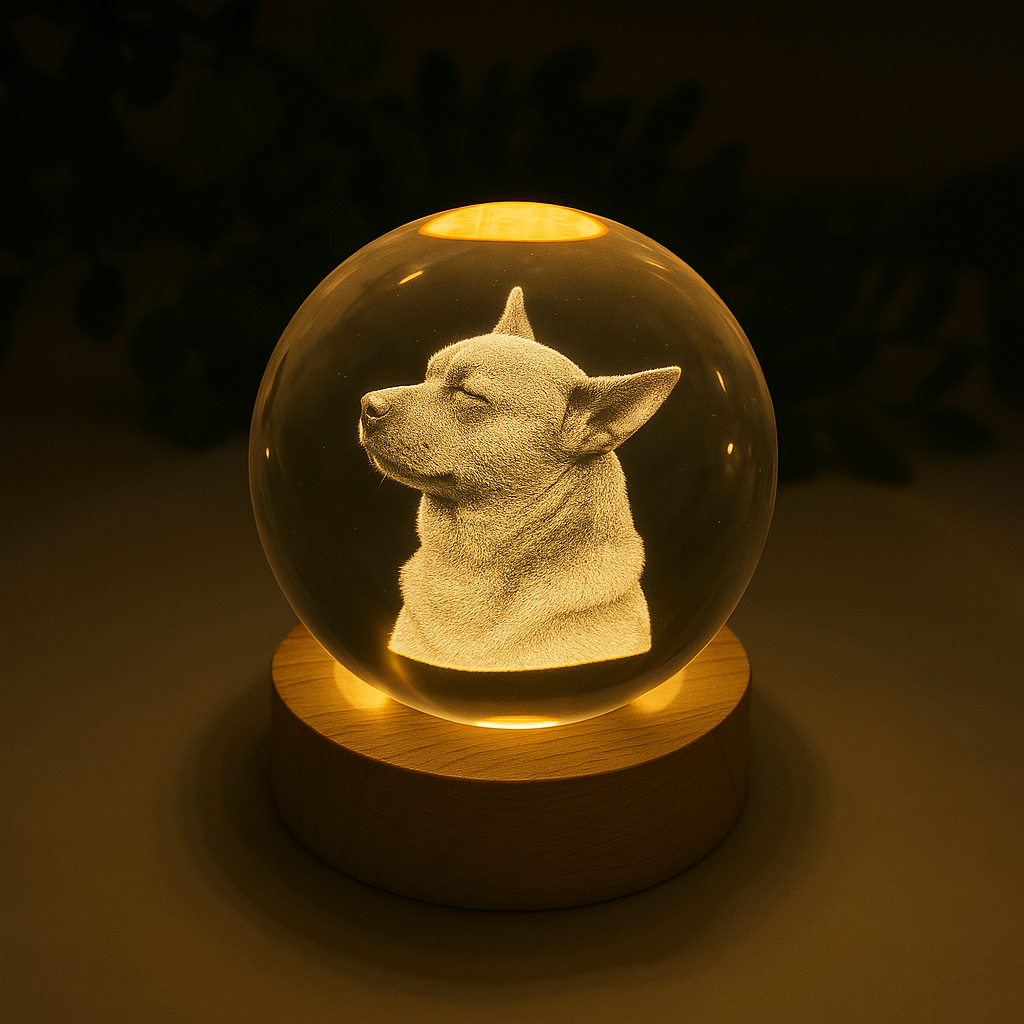 Troostrijke LED herinneringsbal voor huisdierverlies, met warme verlichting en unieke 3D-gravure van uw trouwe vriend.
