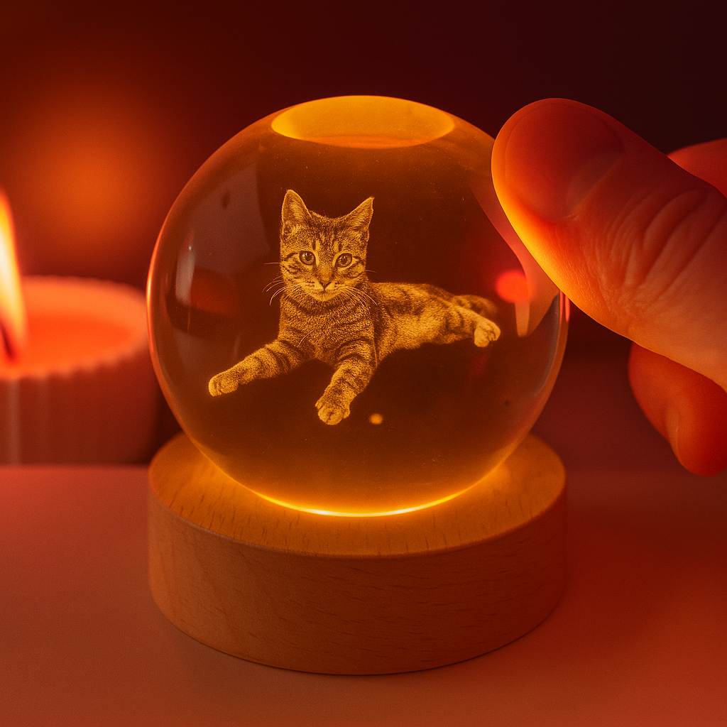 Speciaal cadeau voor wie een huisdier mist: een gedenkbal met 3D gravure en LED-verlichting, voor eeuwige herinnering.