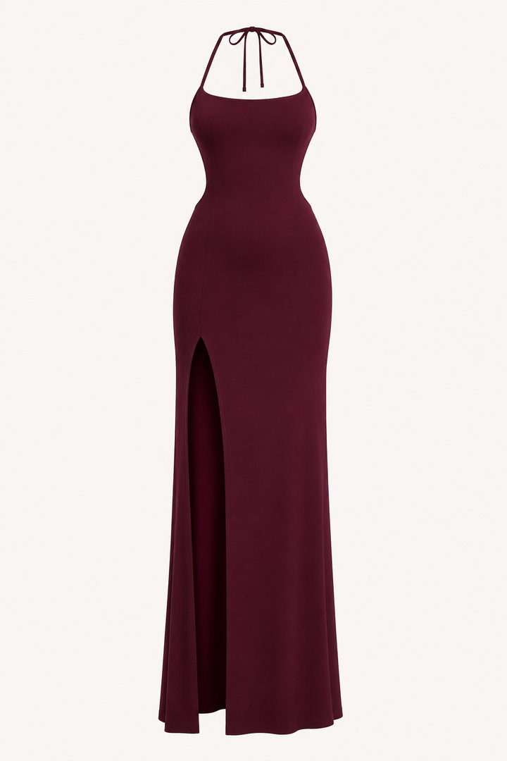 Wijnroode lange dames avondjurk met elegante open rug voor feestelijke gelegenheden