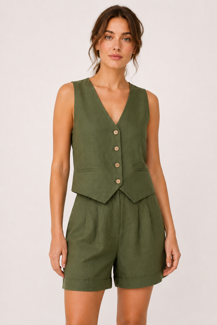 Chique tweedelige dames set in groen met kort vestje en high-waist short, ideaal voor zomerse dagen.