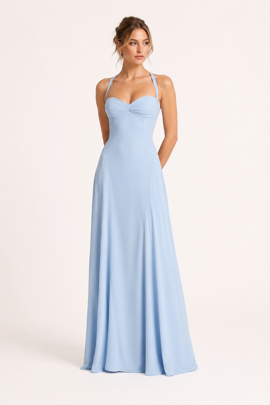 Chique blauwe feestjurk met hartvormige halslijn en uitlopende rok, een elegante keuze voor bruiloftsgasten.