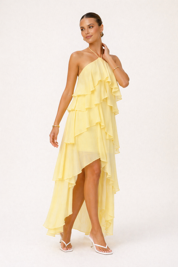 Moderne effen lange halterjurk voor dames. Een tijdloze elegante keuze als zomerse feestjurk.