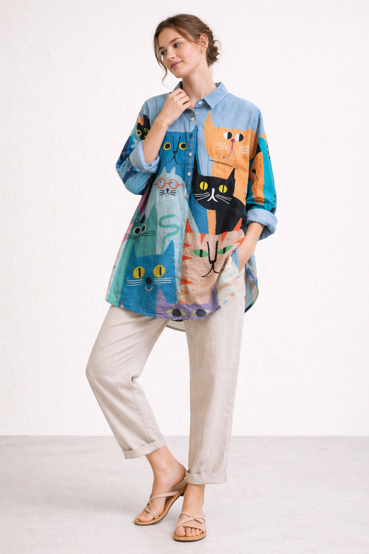 Combineer de speelse printblouse met jeans voor een moeiteloos stijlvolle outfit.