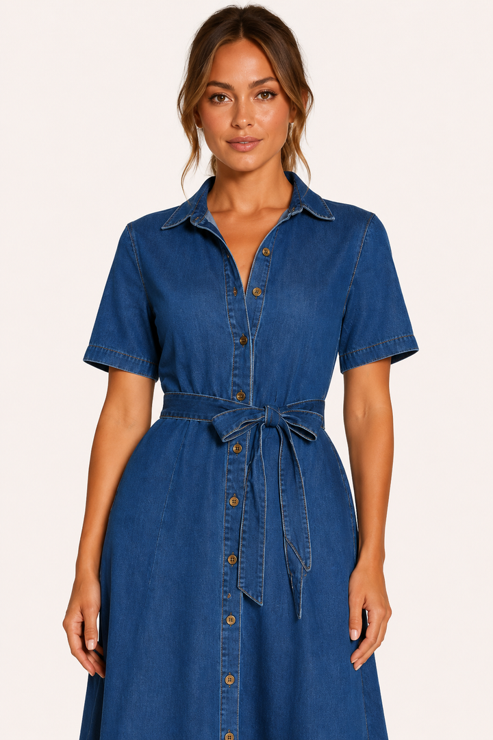 Detailopname van de kraag, knoopsluiting en tailleband van de blauwe dames midi jurk