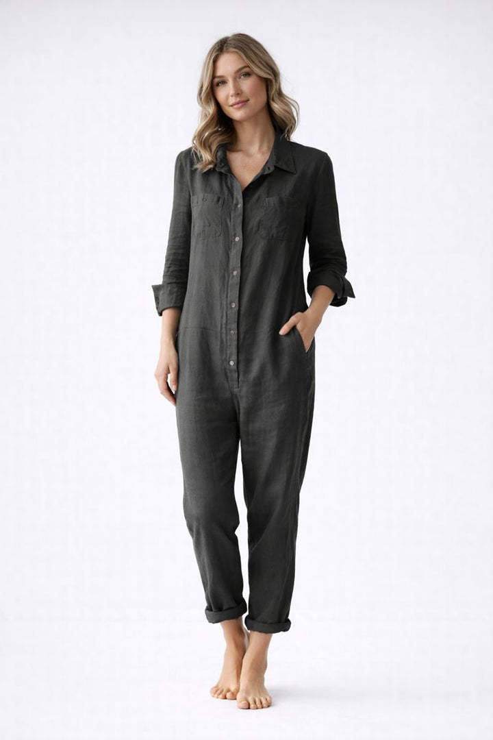 Stijlvolle blauwe jumpsuit voor dames met korte mouwen, knopen en relaxte pasvorm