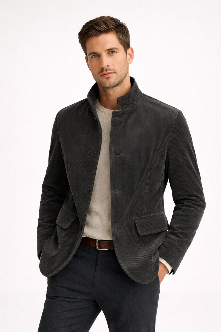 Stijlvolle heren corduroy blazer met mao kraag in donkergrijs