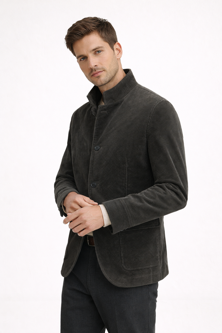 Detailopname van de grijze corduroy blazer voor heren
