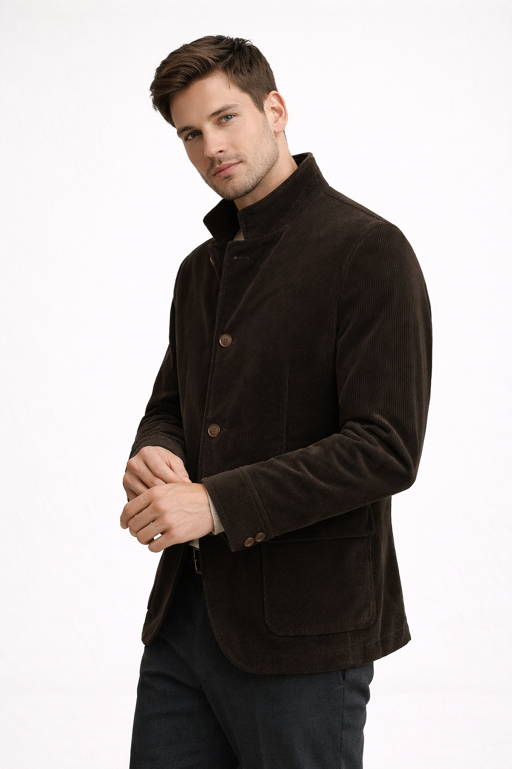 Heren blazer in koffiekleurige corduroy stof met knopen