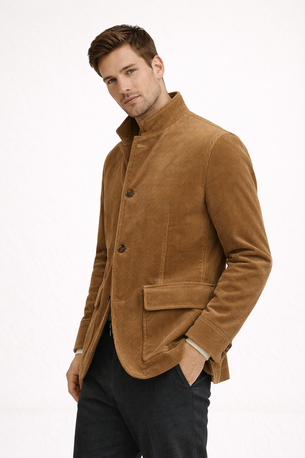 Stijlvolle heren corduroy blazer met mao kraag van dichtbij