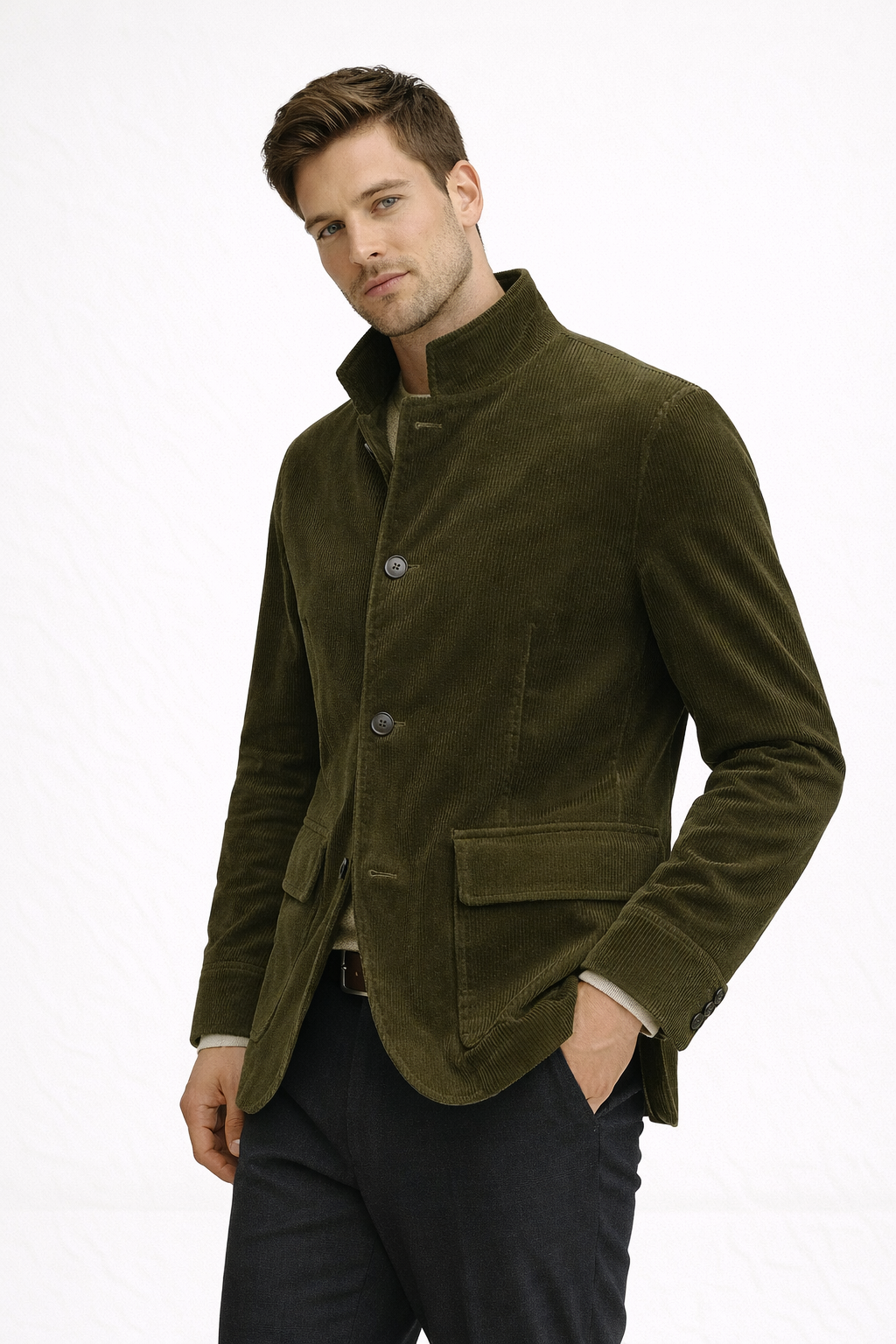 Detailopname van de knop en fijne ribfluwelen stof van de heren blazer