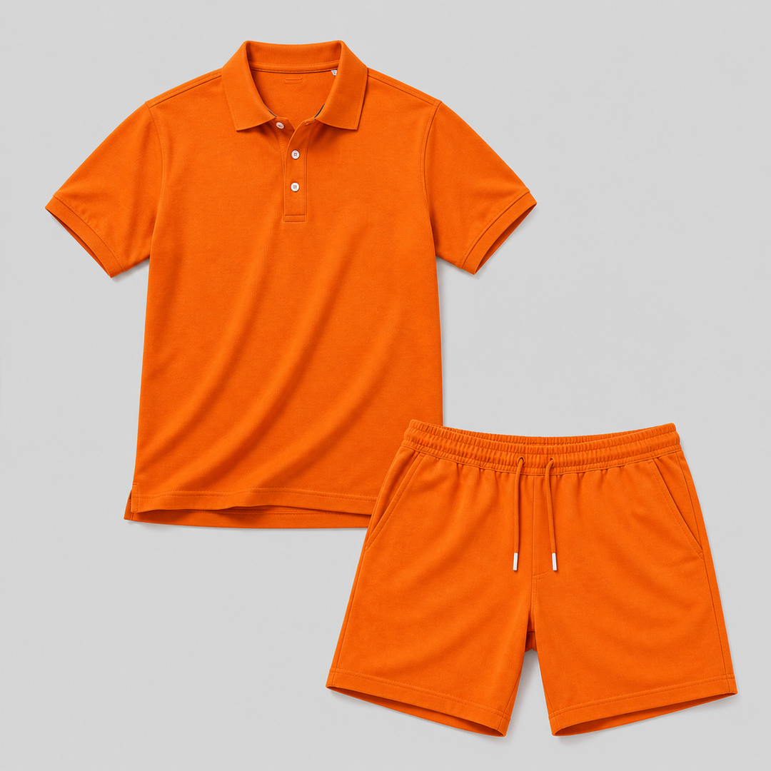 Heren zomerse sportset bestaande uit een oranje polo en bijpassende shorts, plat gelegd tegen een lichtgrijze achtergrond.