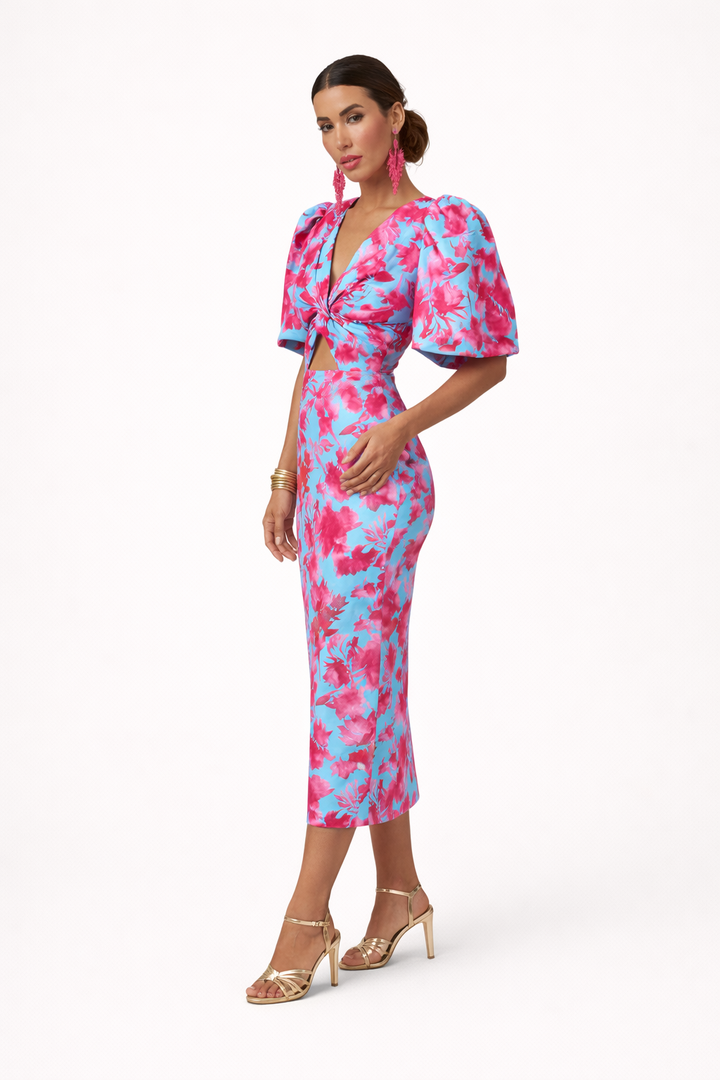 Dames midi-jurk met bloemenprint Amely zijaanzicht