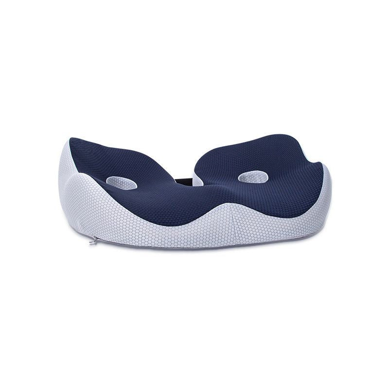 Marineblauw ergonomisch zitkussen, orthopedisch voor comfortabele rugsteun en pijnverlichting.