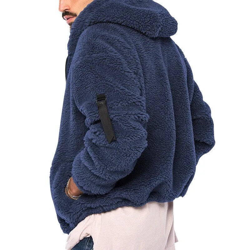 Stijlvolle marineblauwe teddy jas voor heren met capuchon en ritssluiting