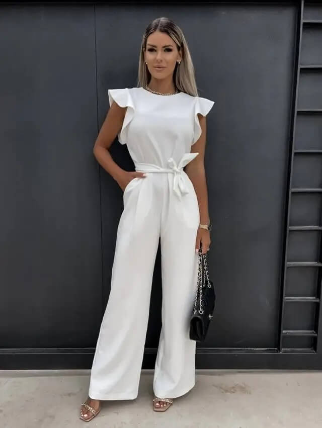 Feestelijke jumpsuit voor dames met wijde pijpen en strikceintuur