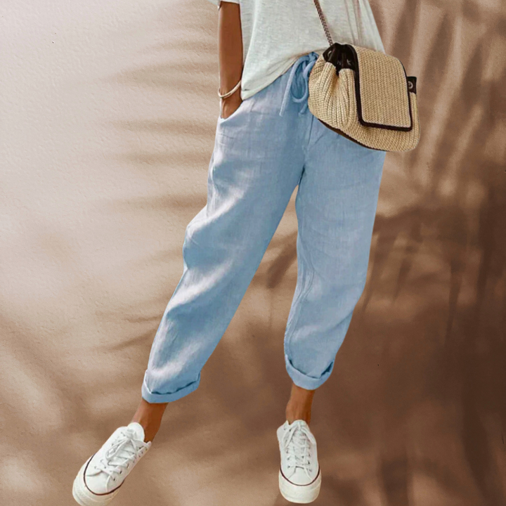 Elegante linnen dames zomerbroek met wijde pijpen, ideaal voor een modieuze en comfortabele uitstraling.