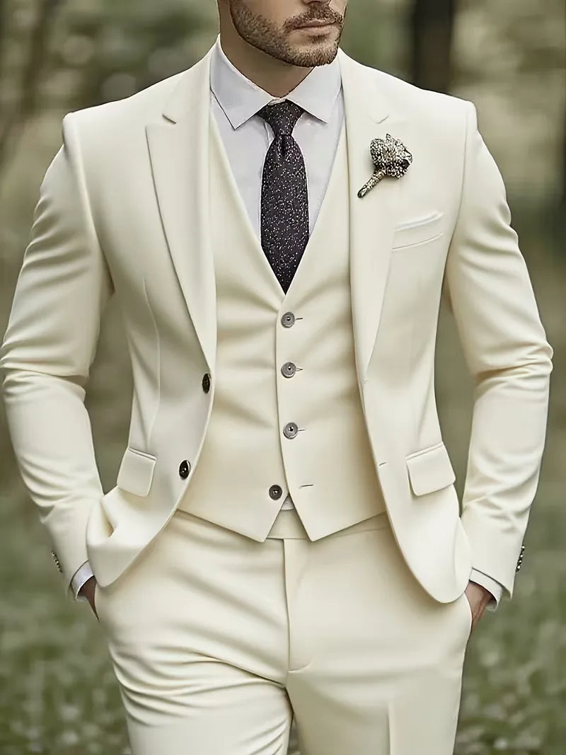 Man draagt een stijlvol beige driedelig herenpak met slim fit