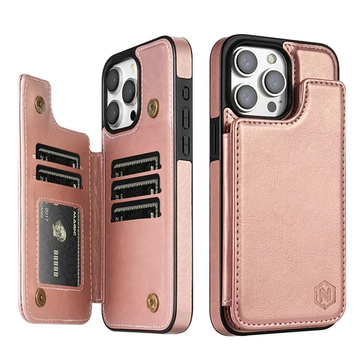 Veilige leren telefoonhoes met sterke magnetische sluiting en handige pasjeshouders voor smartphone.