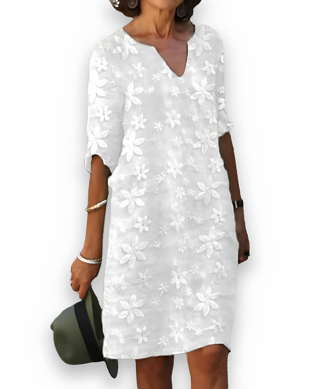 Elegante witte dames midi jurk met subtiele bloemstructuur en V-hals
