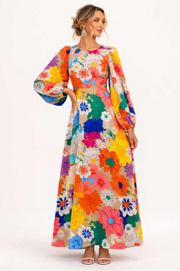 Model draagt een kleurrijke maxi-jurk met bloemenprint en lange pofmouwen van voren gezien.