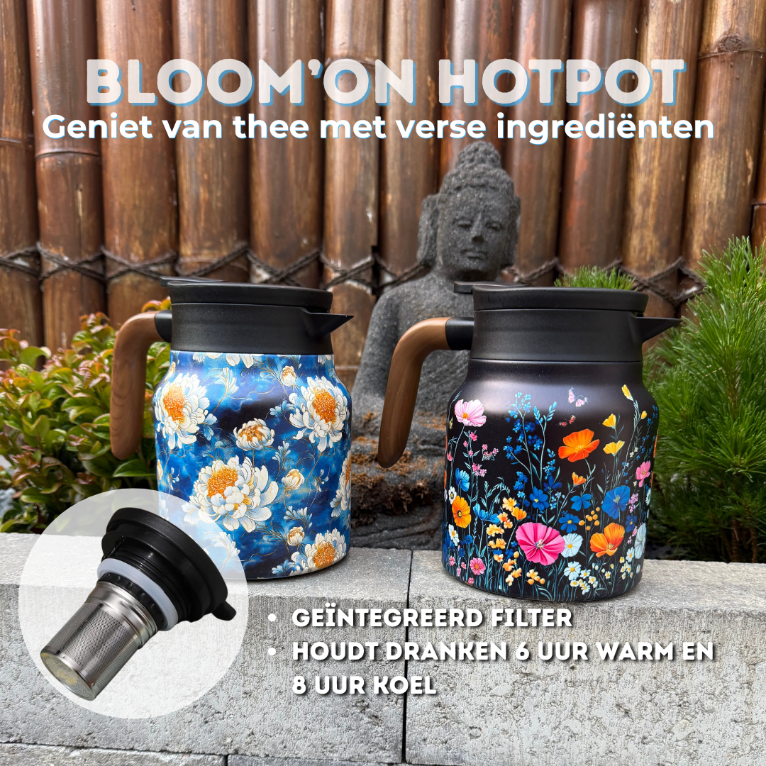 Grote hotpot theepot met theezeef, ideaal voor het warm serveren van thee aan grotere gezelschappen.