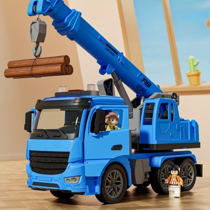 Detailopname van de verstelbare kraanarm op het speelgoed bouwvoertuig voor kinderen.