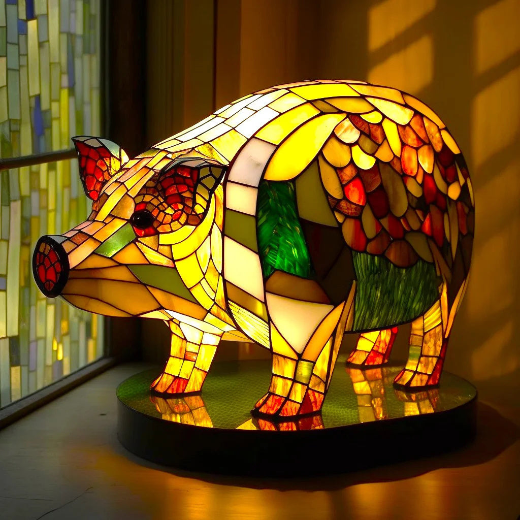 Levendige kleuren in glas-in-lood dierenlamp, handgemaakte sfeerverlichting voor een speelse touch.