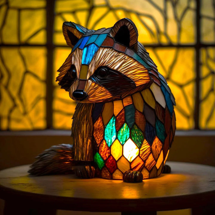 Verlichte glas-in-lood dierenlamp in donkere kamer, betoverende sfeerverlichting, handgemaakt.