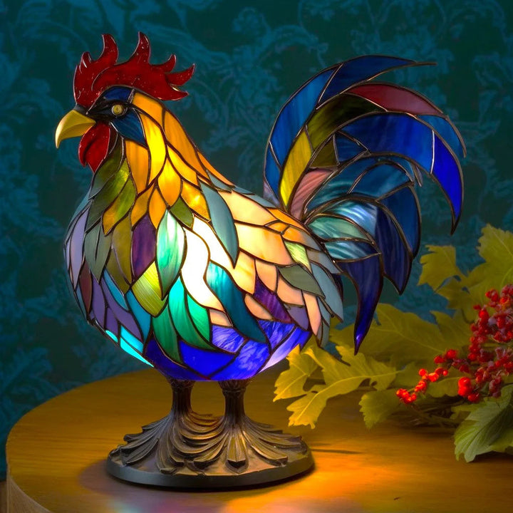 Glas-in-lood dierenkunst in lampvorm, handgemaakte tafellamp die sfeerverlichting biedt.