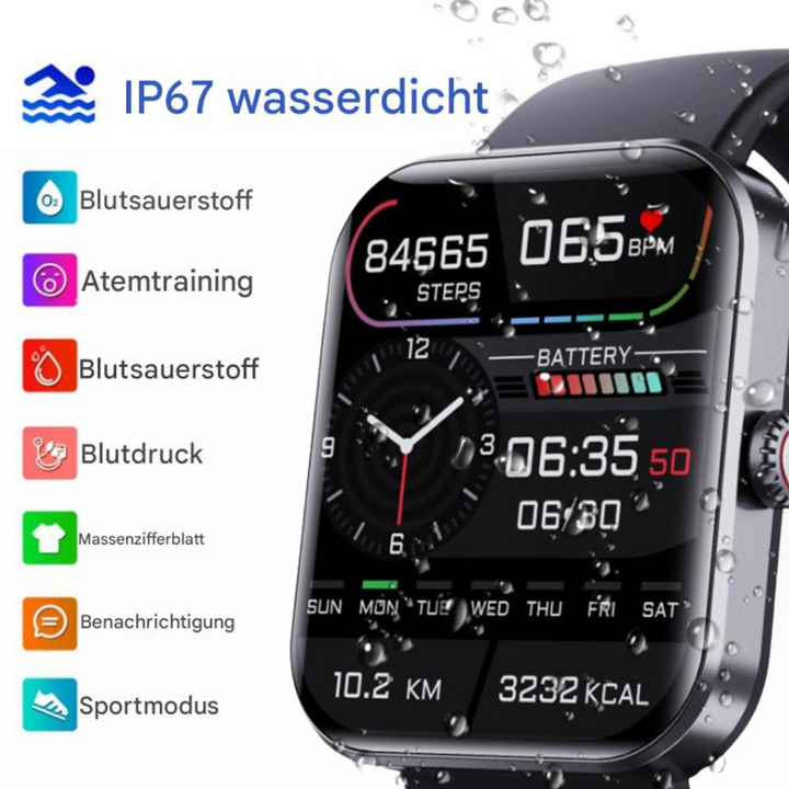 Unisex GlucoWatch smartwatch op een pols, toont pijnloze bloedglucosemeting en gezondheidsdata in real-time.
