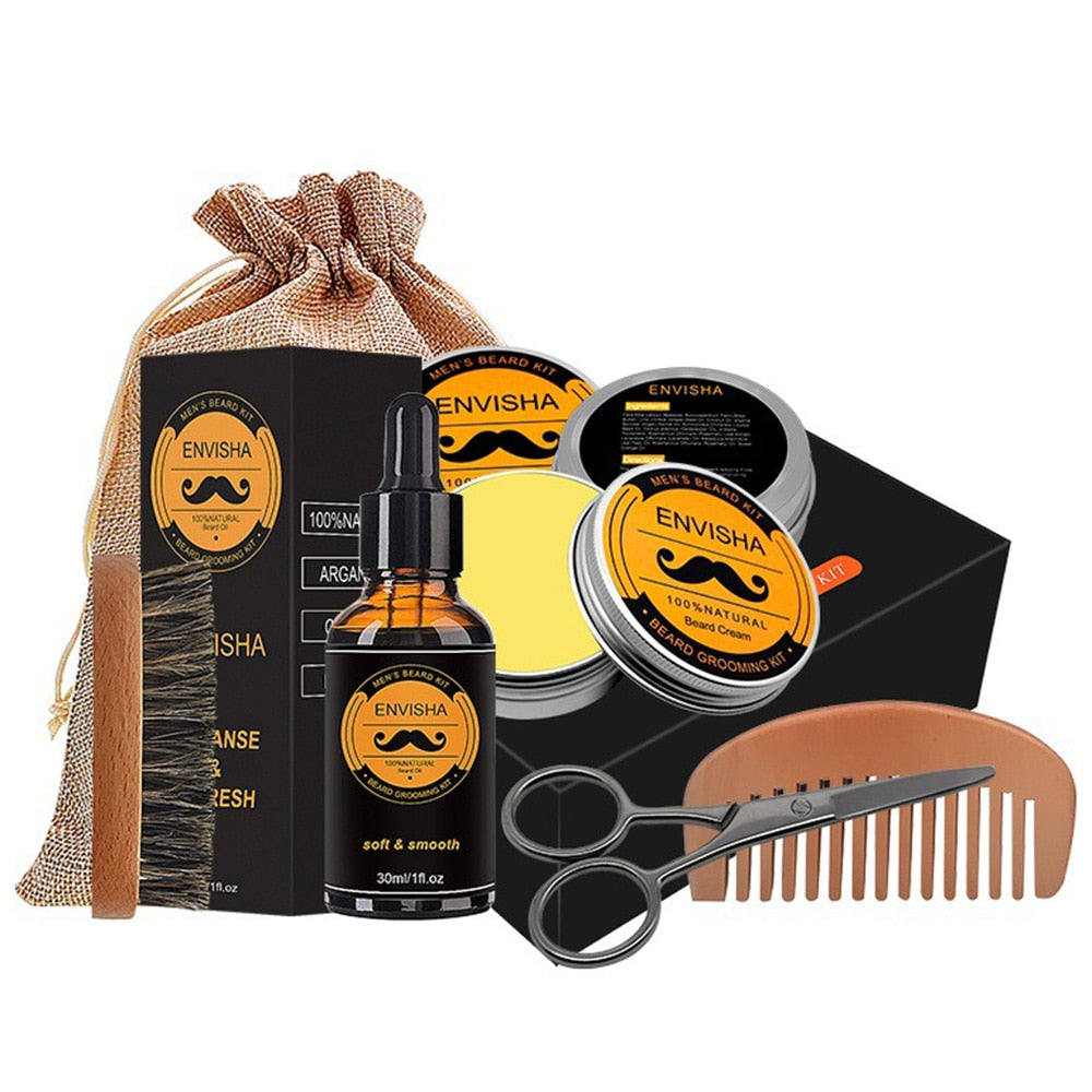Gedetailleerde weergave van de 5-delige baardverzorgingskit met alle essentiële producten voor de moderne man.