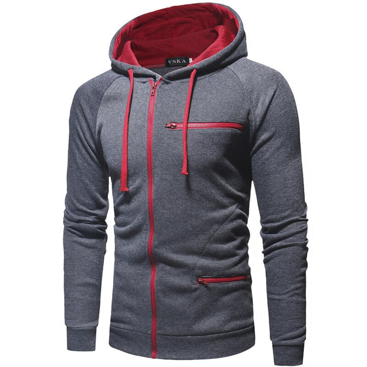 Grijze heren hoodie met contrasterende rode ritsen en capuchon