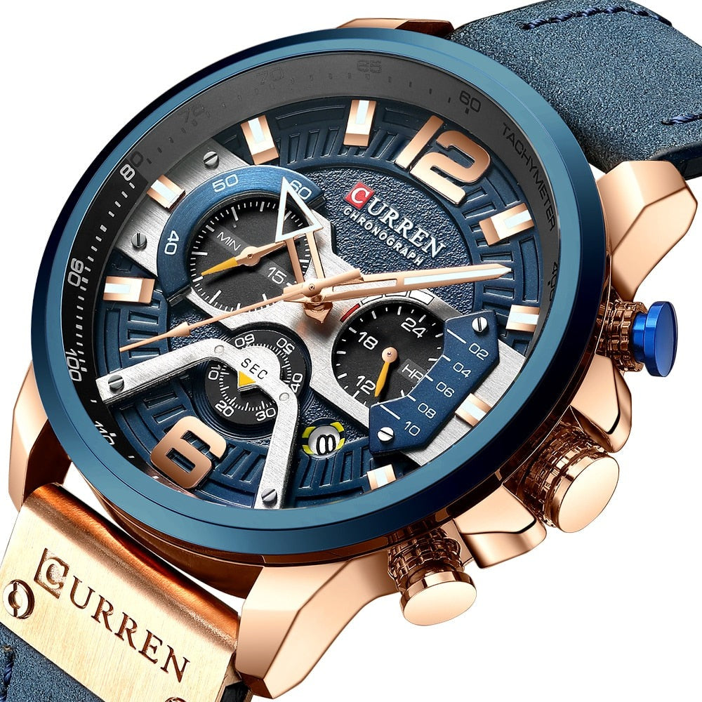 Herenhorloge zijkant met kroon, benadrukt de waterbestendige eigenschap en robuust design.