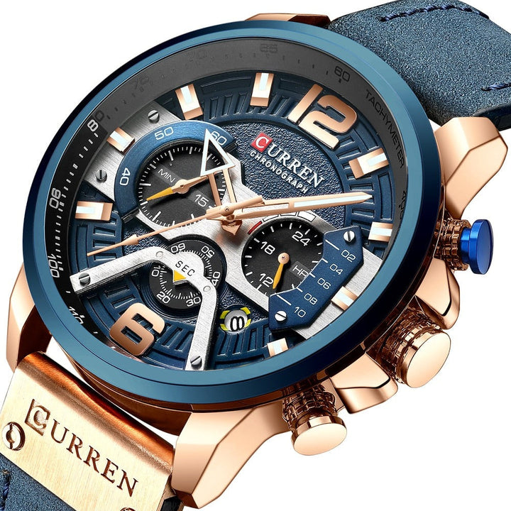 Herenhorloge zijkant met kroon, benadrukt de waterbestendige eigenschap en robuust design.