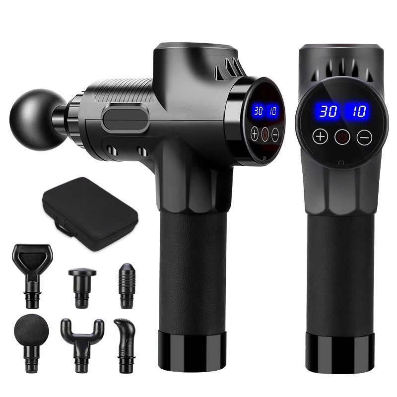 Zwarte Relaxx Massage Gun met opzetstukken en koffer