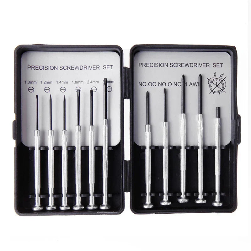 Craftix 11-delige precisie schroevendraaierset in compacte opbergtas voor elektronica en horloge reparatie.