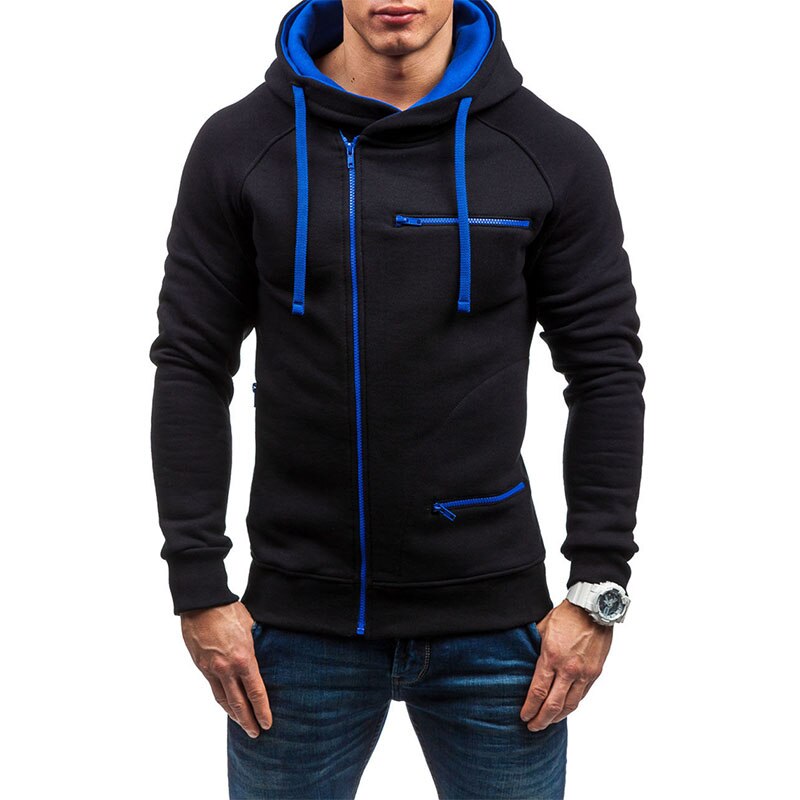 Zwarte heren hoodie met blauwe ritsen en capuchon