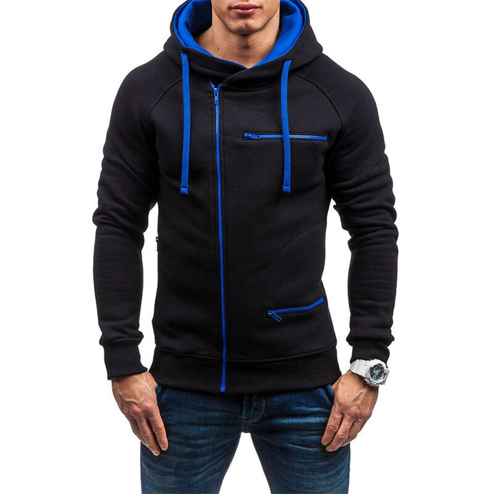 Zwarte heren hoodie met blauwe ritsen en capuchon